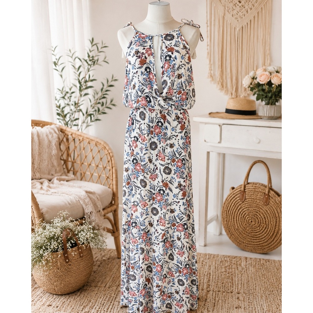 Boho Floral Tassel Maxi Dress Women Size M  Keyhole Summer Dress boho festival